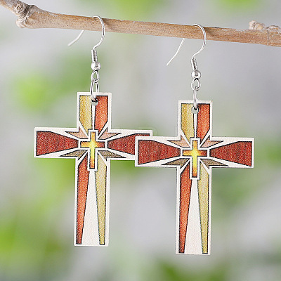 Printed Both Sides Wood Dangle Earrings FS-WGB0329-02-1