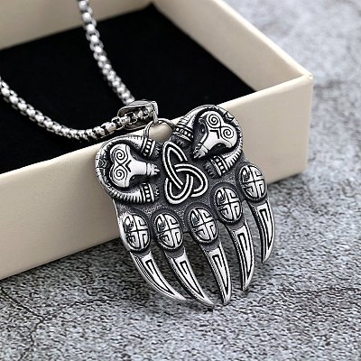 Retro 304 Stainless Steel Viking Bear Paw Pendant Necklaces FS-WGBA6D4-01-1