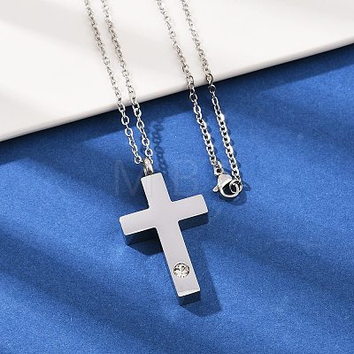 304 Stainless Steel Pave Clear Cubic Zirconia Cross Pendant Pet Urn Ashes Necklaces NJEW-S455-07P-1