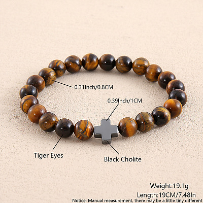 Natural Tiger Eye Round Beaded Stretch Bracelets for Men Women OI3299-4-1
