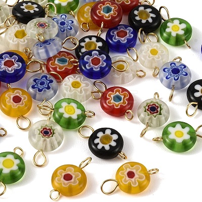 40Pcs 8 Styles Handmade Millefiori Lampwork Flat Round Connector Charms PALLOY-YW00210-1