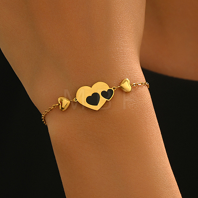 Stainless Steel Enamel Black Couple Heart Link Bracelets for Daily Casual and Work Wear YH0561-1