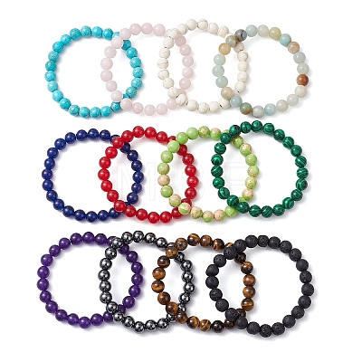 12Pcs 12 Styles 8mm Mixed Gemstone Round Beaded Stretch Bracelets Sets BJEW-JB10929-1