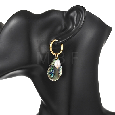 3 Pairs 3 Styles Natural Cultured Freshwater Pearl Beads & Paua Shell Dangle Hoop Earrings EJEW-JE07254-1