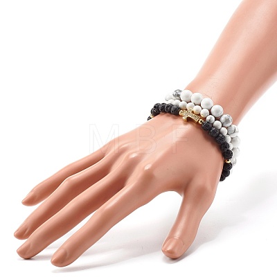 Natural Howlite & Lava Rock Round Beads Stretch Bracelets Set BJEW-JB06982-02-1