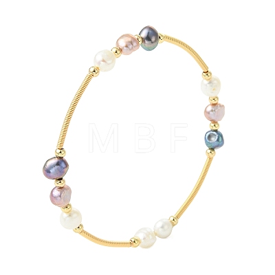 Nuggets Natural Cultured Freshwater Pearl & Brass Beaded Copper French Wired Bangles BJEW-JB13980-1