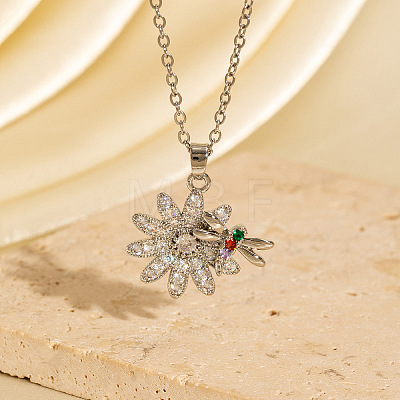 Brass Pave Colorful Cubic Zirconia and Enamel Flower with Dragonfly Pendant Necklaces for Women WGCF164-02-1
