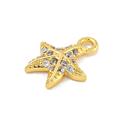 Starfish Rack Plating Brass Micro Pave Clear Cubic Zirconia Charms KK-P277-12G-1