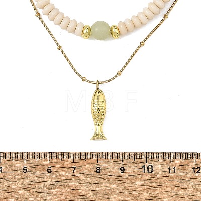 Brass Fish Pendant Natural Butter Jade and Petrified Wood Beaded Double Layer Necklaces NJEW-JN06688-1