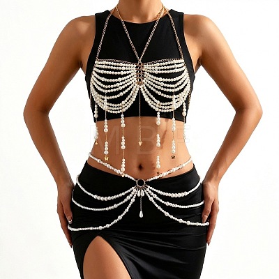 Alloy Heart Imitation Pearl Round Beaded Layered Tassel Body Chest Waist Chains WGA0E03-04-1