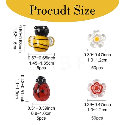 5Pcs Handmade 3D Bees Lampwork Beads & 50Pcs Flower Millefiori Glass Beads Sets LAMP-YW0001-63-1