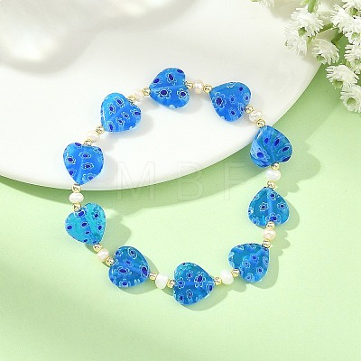 Handmade Millefiori Lampwork Heart & Natural Pearl Beaded Stretch Bracelets BJEW-JB14294-01-1