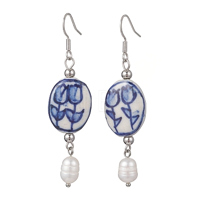 Oval with Flower Pattern 304 Stainless Steel Dangle Earrings EJEW-JE06925-1