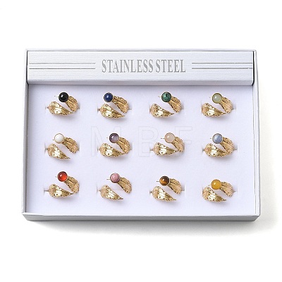 Round Natural Mixed Stone Finger Rings RJEW-C119-08G-1