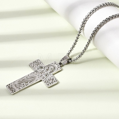 Religion 201 Stainless Steel Hollow Virgin Cross Pendant Necklaces for Men Women NJEW-Z118-01P-1