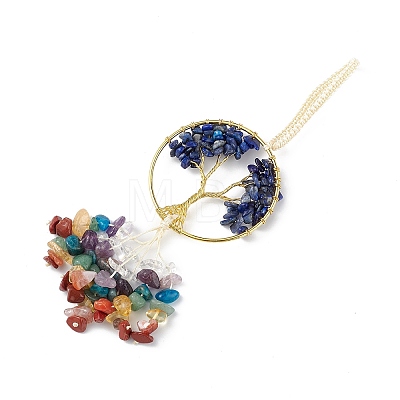 Natural Lapis Lazuli Tree of Life with Mixed Gemstone Chips Tassel Big Pendant Decorations HJEW-H057-03G-A07-1