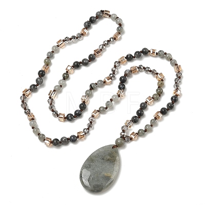 Natural Labradorite Teardrop Pendant Glass Beaded Long Necklaces GG-CBAE048-01D-1