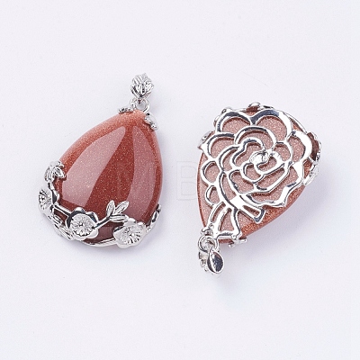 Teardrop with Flower Platinum Plated Brass Goldstone Pendants G-F228-37C-RS-1