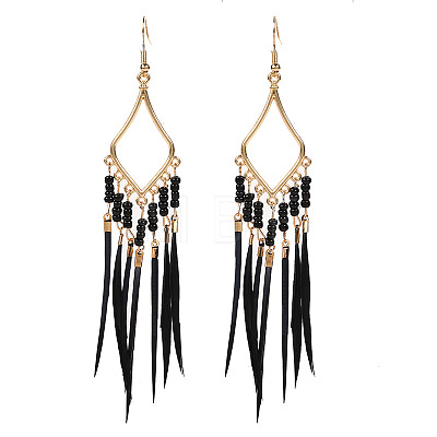 Bohemian Style Alloy Glass Seed Beaded Feather with Rhombus Chandelier Earrings FS-WG1E384-01-1