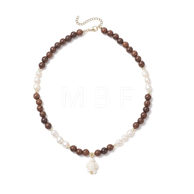 Ocean Dyed Synthetic Turquoise Trutle Pendant 8MM Natural Cultured Freshwater Pearl & Wenge Wood Round Beaded Necklaces for Women NJEW-JN05938-1