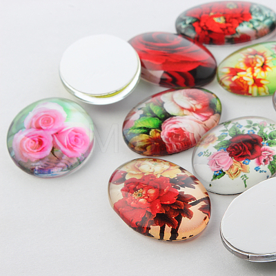 Multi-Color Flower Theme Ornaments Glass Oval Flatback Cabochons GGLA-A003-13x18-NN-1