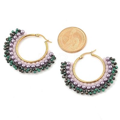 304 Stainless Steel & Bohemian Beaded Fan Hoop Earrings for Women EJEW-R001-01G-02-1