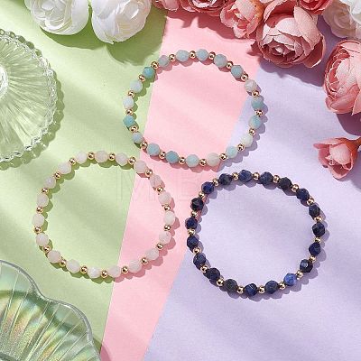 6mm Round Faceted Natural Mixed Gemstone & Brass Beaded Stretch Bracelets for Women Men BJEW-JB10601-1