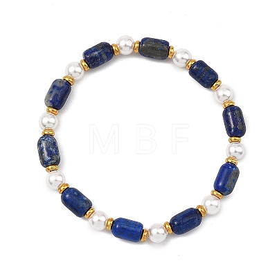 Natural Lapis Lazuli & Shell Pearl & Brass Beads Stretch Bracelets for Women BJEW-JB13865-02-1