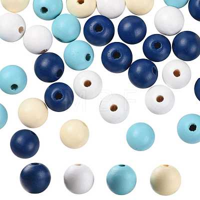 160 Pcs 4 Colors Summer Ocean Marine Style Painted Natural Wood Round Beads WOOD-LS0001-01E-1
