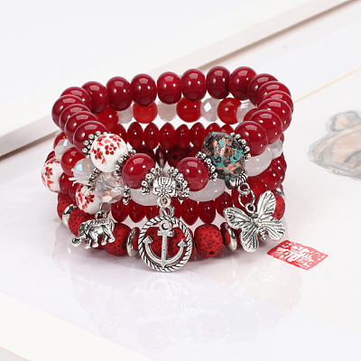 4Pcs Bohemian Style Alloy & Glass & Acrylic Charm Bracelets Set WG8E884-03-1