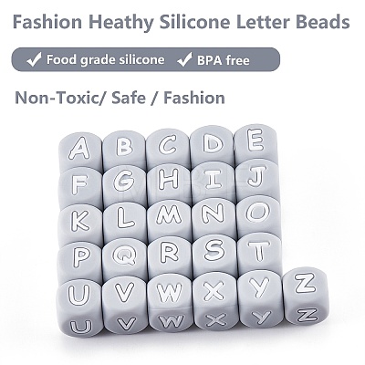 20Pcs Grey Cube Letter Silicone Beads 12x12x12mm Square Dice Alphabet Beads with 2mm Hole Spacer Loose Letter Beads for Bracelet Necklace Jewelry Making JX436O-1
