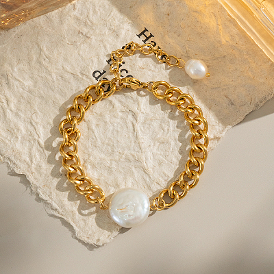 Elegant Flat Round Elegant Baroque Pearl Bead Link Bracelets LS-SX2805-2-1