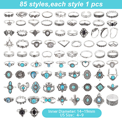 ARRICRAFT 85Pcs 85 Style Rhombus & Crown & Heart & Moon & Flower Rhinestone Open Cuff Rings Set with Imitation Turquoise Beaded RJEW-AR0001-03-1