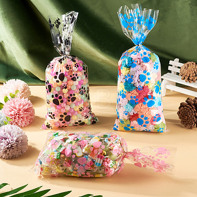 60Pcs 3 Colors Rectangle OPP Cellophane Paw Print Printed Candy Storage Bags ABAG-TA0001-74-1