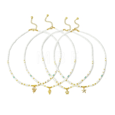 Ocean Brass Pave Clear Cubic Zirconia Sea Animals Pendant Natural Shell and Glass Seed Beaded Necklaces for Women NJEW-JN06345-1