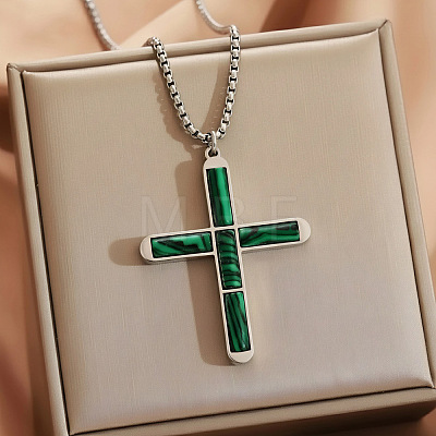 304 Stainless Steel with Synthetic Malachite Religion Cross Pendant Necklaces FS-WG3F108-12-1