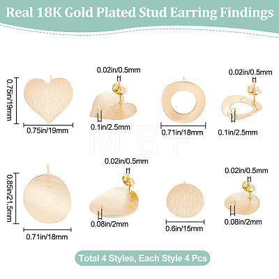 16Pcs 4 Style Electroplated Brass Stud Earring Findings KK-BBC0007-05-1