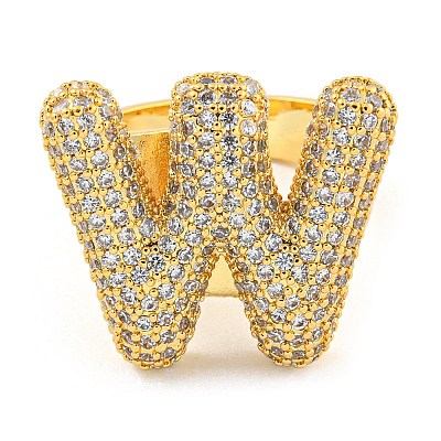 Brass Micro Pave Clear Cubic Zirconia Letter Open Cuff Ring for Women RJEW-M173-01G-W-1