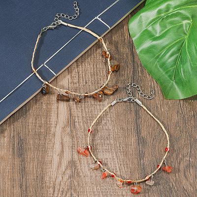 Bohemian Style Natural Tiger Eye and Red Banded Agate Chip Tassel Raffia Cord Double Layer Anklets FS-WGA75A5-01-1