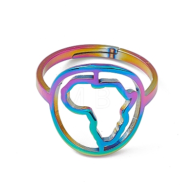 Ion Plating(IP) 201 Stainless Steel Hollow Out Africa Map Adjustable Ring for Women RJEW-C045-04M-1