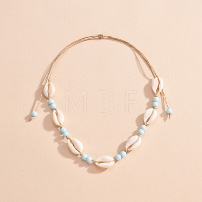Natural Cowrie Shell & Round Acrylic Beaded Waxed Cord Braided Necklaces for Women FS-WG6249B-01-1