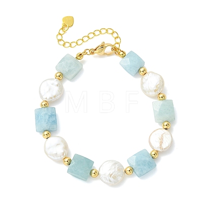 Natural Aquamarine & Keshi Pearl Beaded Bracelets for Women BJEW-JB14007-03-1