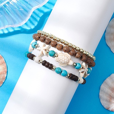 4Pcs 4 Styles Synthetic Turquoise & Coconut & Wood & Non-magnetic Synthetic Hematite Beaded Stretch Bracelet Sets BJEW-JB10720-1