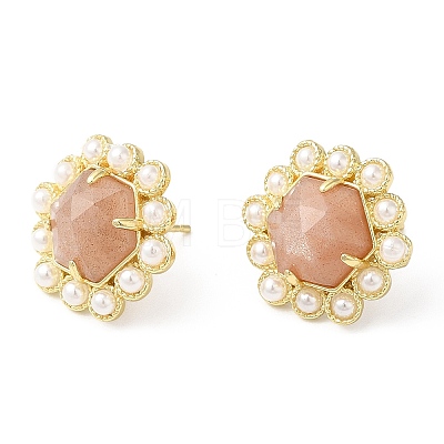 Natural Sunstone Hexagon Stud Earrings with Plastic Pearl Beaded EJEW-E287-01G-03-1