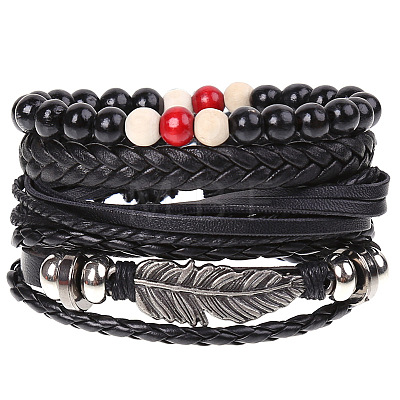 4Pcs Retro Cattlehide Leather Cord Multi-strand Bracelets for Men WGE7990-07-1