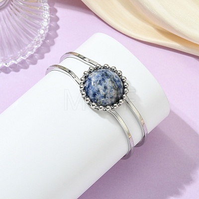 Natural Mixed Stone Flat Round Brass Hinged Cuff Bangles BJEW-JB14317-1
