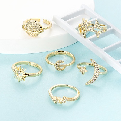 6Pcs 6 Styles Brass Micro Pave Clear Cubic Zirconia Cuff Rings RJEW-LS0001-34G-1