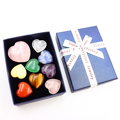 Mixed Natural Gemstone Healing Love Heart Stones Ornaments Set PW-WG36787-02-1