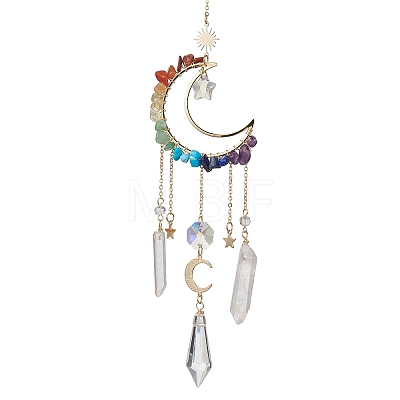 Natural & Synthetic Mixed Stone Wire Wrapped Moon Hanging Ornaments HJEW-JM01615-1