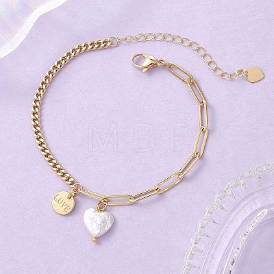 Brass Flat Round with Word Love & Natural Keshi Pearl Heart Charms Bracelets BJEW-JB13483-1